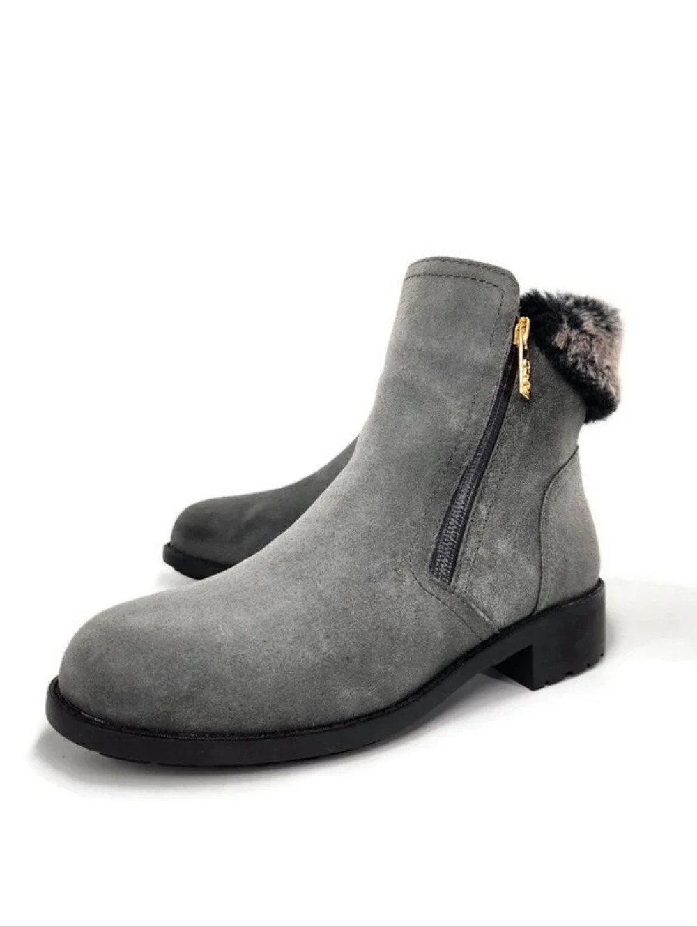 Cole Haan Quinney Grey Suede Faux Fur Waterproof Dual Zip Lug Sole Chelsea Boots